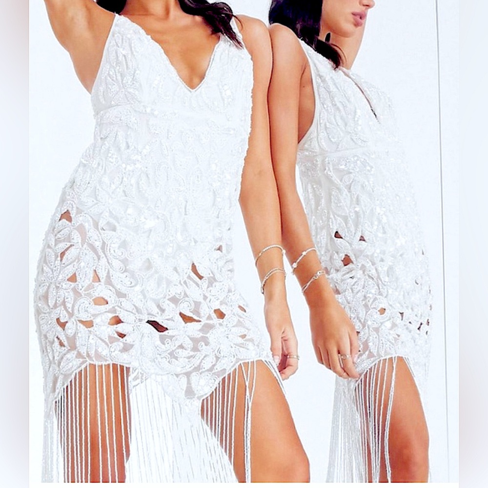 NWT ASOS White Beaded and Fringe Cutout Party Dress - Size 14